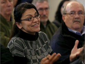 Rashida Tlaib, then a Michigan House of Representatives member, responds to a question during Detroit-Windsor Bridge Authority Annual Public Meeting at Mackenzie Hall February 11, 2016 in this file photo.