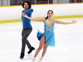 Pairs skaters Maia Iannetta, right, of Windsor, and Arnaud Caffa of France, practise at Capri Pizzeria Recreation Complex in South Windsor, Thursday February 15, 2018.   Ianneta is a member of the South Windsor Skating Club and is a provincial champion.  Ianneta and Caffa were performing a "competition simulation with judges" at the South Windsor rink.