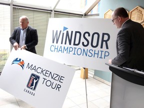 Jeff Monday, left, president of PGA Tour Canada's Mackenzie Tour, and Mayor Drew Dilkens announce the Windsor Championship at Ambassador Golf Club will be the fifth tour stop of the Mackenzie Tour. A media conference was held at City Hall Feb. 16, 2018.