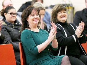 Erin Kelly, pictured here with  trustee Cheryl Lovell, right, at the Jan. 31, 2018, announcement of a new Eastwood/Parkwood Public School, has been given a new five-year contract as director of education for the Greater Essex County District School Board.