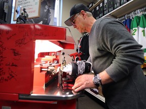 Marc Leblanc, who operates the pro shop at the Libro Centre Arena in Amherstburg, is shown sharpening a blade on Feb. 28, 2018. After operating the shop for seven years he is being forced to shut it down this month.