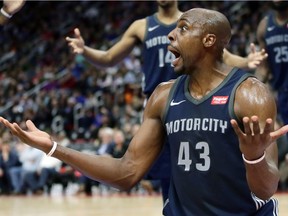 Detroit Pistons forward Anthony Tolliver (43) reacts after being whistled for a foul while blocking a shot by the Boston Celtics during the first half of an NBA basketball game Friday, Feb. 23, 2018, in Detroit.