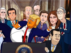 Late-night talk show host Stephen Colbert believes the new animated series "Our Cartoon President" will offer some "shared catharsis" by offering humour from the headlines. The animated cast of "Our Cartoon President" is seen in an undated handout photo.