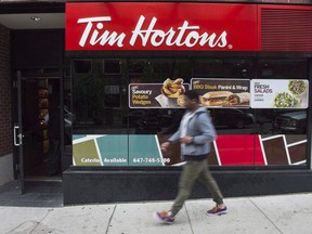 A pedestrian walk past a Tim Hortons coffee shop in downtown Toronto on June 29, 2016.