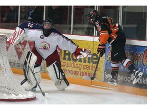 Essex 73's forward Jack Sanko jumps to avoid colliding with Petrolia Flyers goalie Riley Collins during Saturday's playoff game at the Essex Centre Sports Complex.