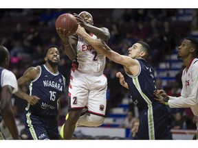 Windsor Express guard Braylon Rayson drives to the basket during Friday's game agaisnt the Niagara River Lions at the WFCU Centre.