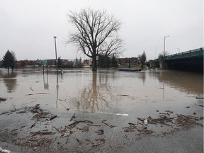Flooding along the Thames River in downtown Chatham is seen on Feb. 23, 2018.