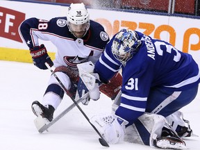 Maple Leafs goaltender Frederik Andersen (31) battles for the puck with Boone Jenner of the Columbus Blue Jackets at the ACC in Toronto on Wednesday, February 14, 2018. (Veronica Henri/Toronto Sun)