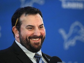 Matt Patricia smiles while being introduced as the new head coach of the Detroit Lions during a news conference at the team's training facility in Allen Park on Feb. 7, 2018.