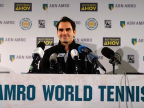 Roger Federer faces the media Friday Feb. 16, 2018, in Rotterdam, Netherlands, after becoming ranked as the world number one player. Federer added another highlight to his age-defying career resurgence Friday, returning to the top of the world rankings for the first time in more than five years and becoming the oldest player to reach the top spot.