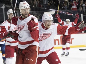 Detroit Red Wings defenseman Mike Green (25) and right wing Gustav Nyquist (14) react after Green scored a goal during the third period of an NHL hockey game against the New York Islanders, Friday, Feb. 9, 2018, in New York.