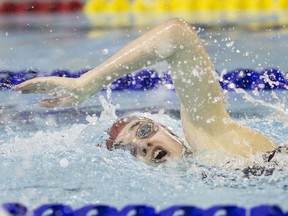 The Leamington Lions Emily Bunda competes in the 200-metre freestyle senior girls relay at the OFSAA swimming championship at the Windsor International Aquatic and Training Centre on Tuesday.