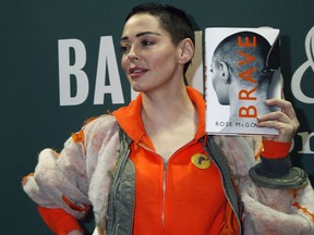 Rose McGowan gets emotional at her book reading for 'Brave' at Barnes & Noble in New York.