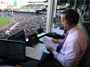Windsor native Joe Siddall provides radio colour commentary with longtime Blue Jays broadcaster Jerry Howarth
during a 2014 game at Comerica Park in Detroit.