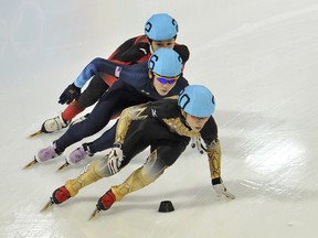 The first athlete to fail a doping test is Japanese short track speed skater Kei Saito, shown here at the front of the pack from a race in 2012.