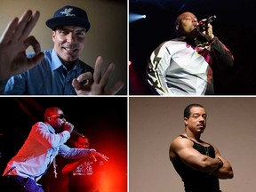 Clockwise from top left: Vanilla Ice in 2013, Young MC performing in 2017, Freedom Williams of C+C Music Factory in 2017, and Naughty By Nature performing in 2017.