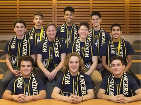 The University of Windsor men's soccer recruits are back row (Left to right), Adam Filipovski, Heron Elashaal, Luka Tojcic, middle row (left to right Max Cooney, Ard Dieker, Jonathan Agapito, Sehaj Singh Khaira, Front row (left to right) Paul DiMeo, Jackson Moy and Francesco Barile.