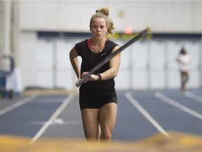 Windsor Lancers pole vaulter, Rachel Wolfs, practices at the St. Denis Centre on Wednesday in preparation for this weekend's OUA track and field championships.