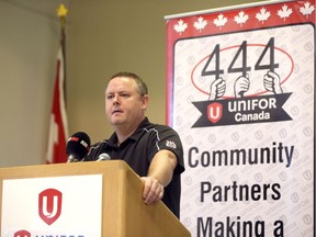 Unifor Local 444 president James Stewart speaks with media on August 31, 2017 in Windsor.