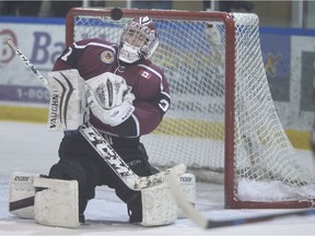 Chatham goaltender Ryan Wagner makes a save in Game 1 of Jr. B playoff action between the Maroons and the LaSalle Vipers at the Vollmer Centre, Feb. 28,  2018. Vipers won 3-2 in overtime.