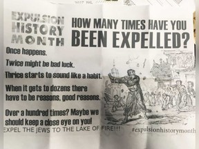 A piece of hate mail that was reportedly received by the Windsor Jewish Community Centre on Feb. 16, 2018. The reverse of the page describes Jews as the "synagogue of Satan."