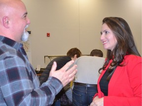 Essex resident Bob Verkoeyen speaks with PC leadership candidate Tanya Granic Allen at a meet and greet reception at the Royal Canadian Legion Branch 594 on Tuesday, March 6, 2018.