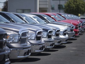 A row of Dodge Ram 1500 trucks is pictured at Windsor's Motor City Chrysler, June 2, 2017.