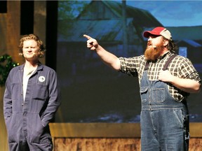 Letterkenny's Dan (K. Trevor Wilson), right, reacts to the audience along with Daryl (Nathan Dales) at The Colosseum at Caesars Windsor, March 16, 2018.