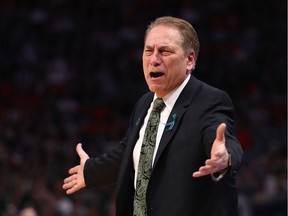 Head coach Tom Izzo of the Michigan State Spartans reacts during the first half against the Syracuse Orange in the second round of the 2018 NCAA Men's Basketball Tournament at Little Caesars Arena on March 18, 2018 in Detroit, Michigan.