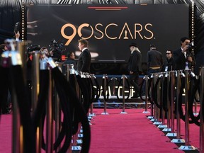 TV crews rehearse and get ready on the red carpet a few hours before the "Oscars", the 90th Annual Academy Awards on March 4, 2018, in Hollywood, California.