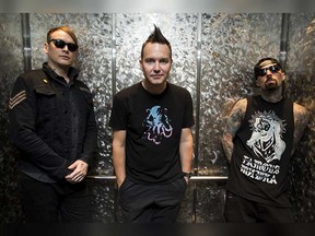 American pop-punk band Blink-182 in 2016. From left: Matt Skiba, Mark Hoppus, Travis Barker.