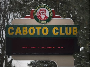 The roadside sign for the Giavanni Caboto Club is shown on Feb. 7, 2018.