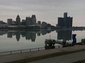 The Detroit River, as seen from Windsor's riverfront in March 2017.