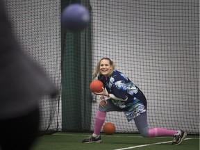 Christine Martin ducks while taking part in the ASSIST - Putting Kids in Sports 3rd annual dodgeball tournament at Central Park Athletics, Saturday, March 3, 2018.  ASSIST - Putting Kids in Sports raises funds to help offset athletic expenses for children.  The tournament raised $2,500.