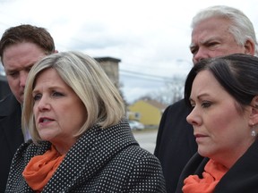 Ontario NDP leader Andrea Horwath, joined by Essex MPP Taras Natyshak, Windsor-Tecumseh MPP Percy Hatfied and Windsor West MPP Lisa Gretzky outside Hotel-Dieu Grace Hospital Friday, March 9, 2018, said there is a wait-time crisis in Ontario.