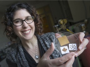 Tricia Carmichael, a chemistry professor at the University of Windsor, holds a selection of conductive fabric on March 14, 2018.
