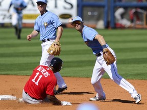 Tampa Bay Rays' Matt Duffy (5) prepares to throw the ball to first as Boston Red Sox's Rafael Devers (11) slides into second base while Bay Rays second baseman Joey Wendle watches during the sixth inning of a spring training baseball game Tuesday, March 6, 2018, in Port Charlotte, Fla. Blake Swihart was out at first.