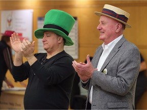 Richard Vennettilli, left, chair and president of Windsor Regional Hospital Foundation, and Harvey Snaden, co-chair of the Hats On For Healthcare fundraising event, participate in style at the Windsor Regional Hospital Met campus on Wednesday, March 7, 2018.