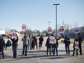 Workers on the picket line at HBPO Canada Inc. in Windsor on March 4, 2018.