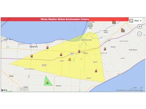 An image from Hydro One's website showing the area around Comber affected by power outages on the morning of March 2, 2018.
