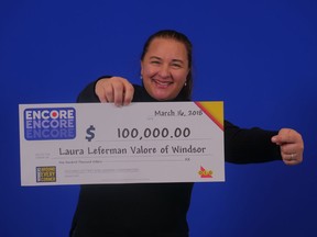 Laura Leferman Valore of Windsor won $100,000 playing ENCORE on the Feb. 3, 2018 Lotto 6/49 draw.