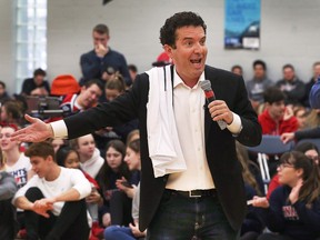 Television personality Rick Mercer speaks to students at Holy Names Catholic High School on Monday, March 26, 2018, in Windsor, ON. He was on hand to film a segment for the Spread the Net challenge.
