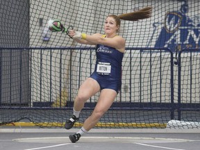 University of Windsor Lancers who was named U Sports female field athlete of the years, competes in the weight throw on Thursday.
