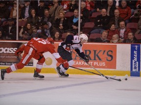 Windsor Spitfires centre William Sirman tries to elude Sault Ste. Marie Greyhounds forward Jack Kopacka during Sunday's game at the Essar Centre. Photo courtesy of Sault Ste. Marie Greyhounds