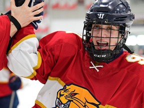 Sun County's John Ulicny celebrates a goal in Tuesday's 5-2 win over the Toronto Titans in an OHL Cup wildcard game. Photo credit Dan Hickling/Hickling Images.