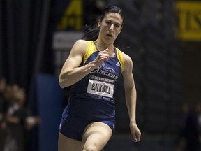 The University of Windsor's Kelsey Balkwill runs to victory in the women's 300 metres on Friday at the U SPORTS track and field championships.