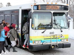 A Transit Windsor bus collects students at St. Clair College's main campus on Feb. 13, 2018.