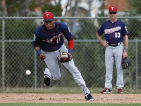 FILE - In this Feb. 21, 2018, file photo, Minnesota Twins shortstop Jorge Polanco (11) practices a drill during baseball spring training in Fort Myers, Fla. Polanco has been suspended 80 games after testing positive for a performance-enhancing substance. The commissioner's office announced the penalty Sunday, March 18. Polanco tested positive for Stanozolol.