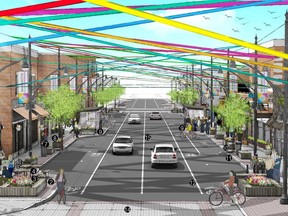 The proposed streetscape redesign for the Wyandotte Town Centre Business Improvement Area is pictured in this Architecttura Inc. rendering. (Courtesy of Architecttura Inc./Windsor Star)