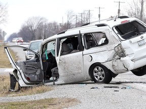 OPP investigate following a multi-vehicle collision on County Road 46 at Lakeshore Road 217 on April 7,  2018. The driver of one of the vehicles was taken to hospital with serious trauma. County Road 46 was shut down until police completed their work.